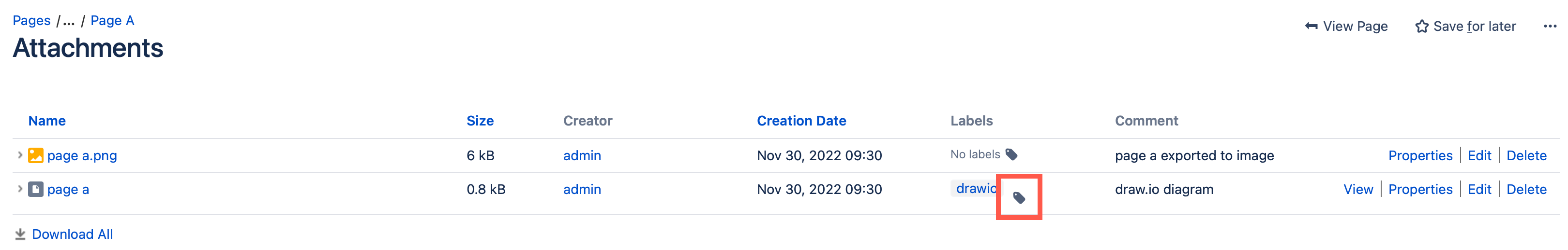 Click on the label icon next to the diagram file you want to mark as sensitive on the Confluence Server/Data Center page