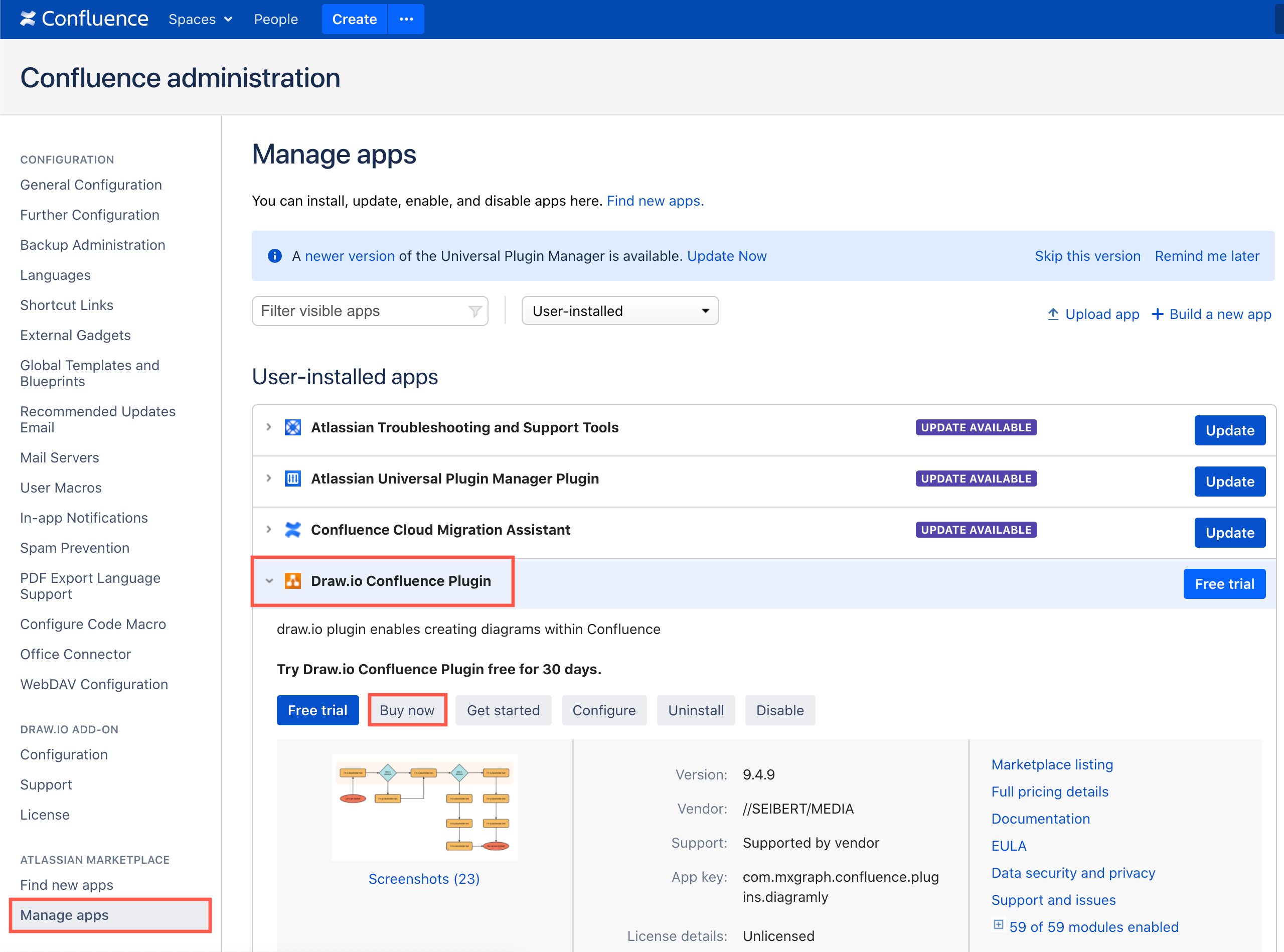 Get a trial draw.io license in Confluence Server