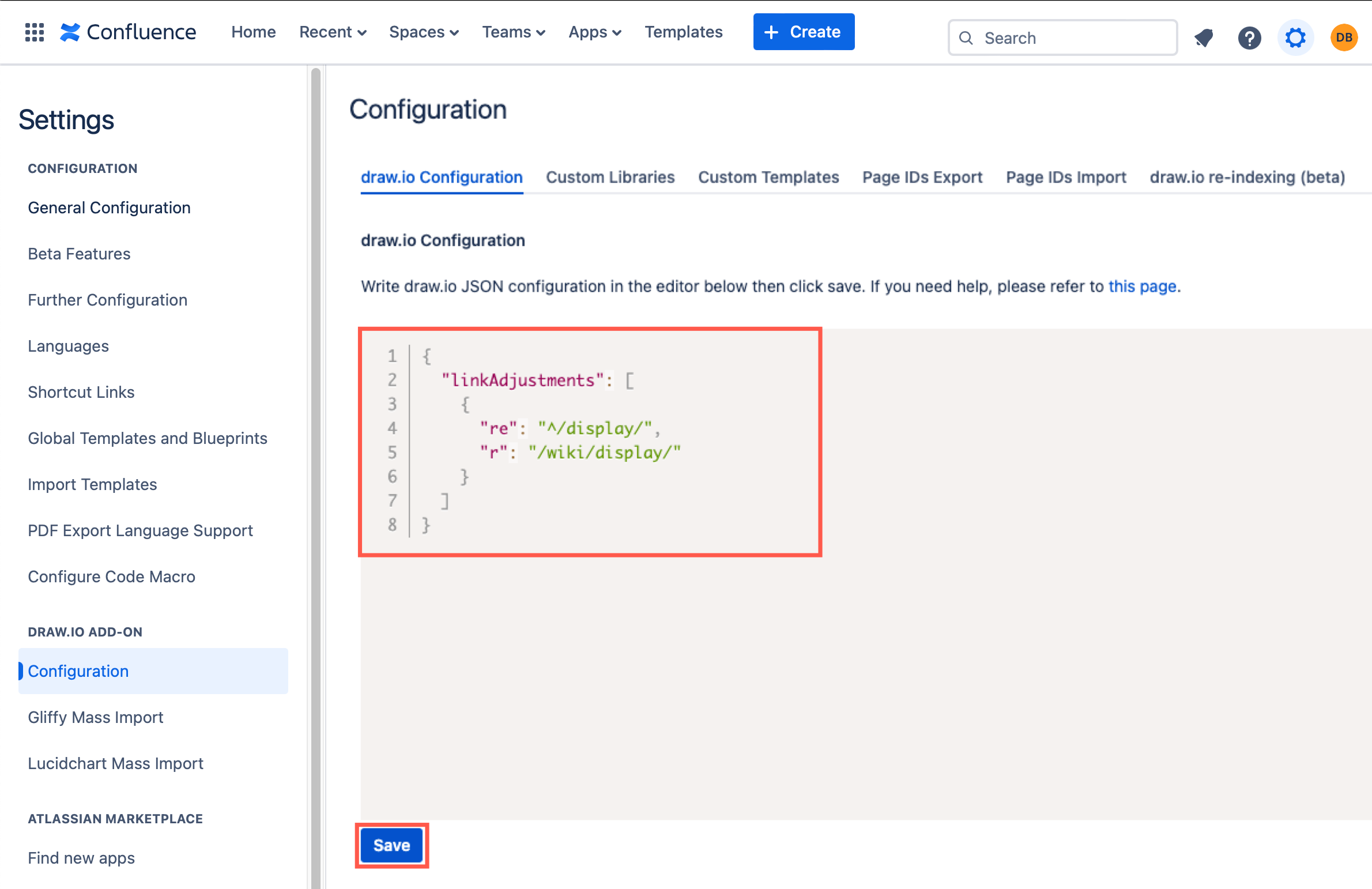 Paste the configuration command you copied in a previous step into the draw.io Configuration in your Confluence Cloud instance
