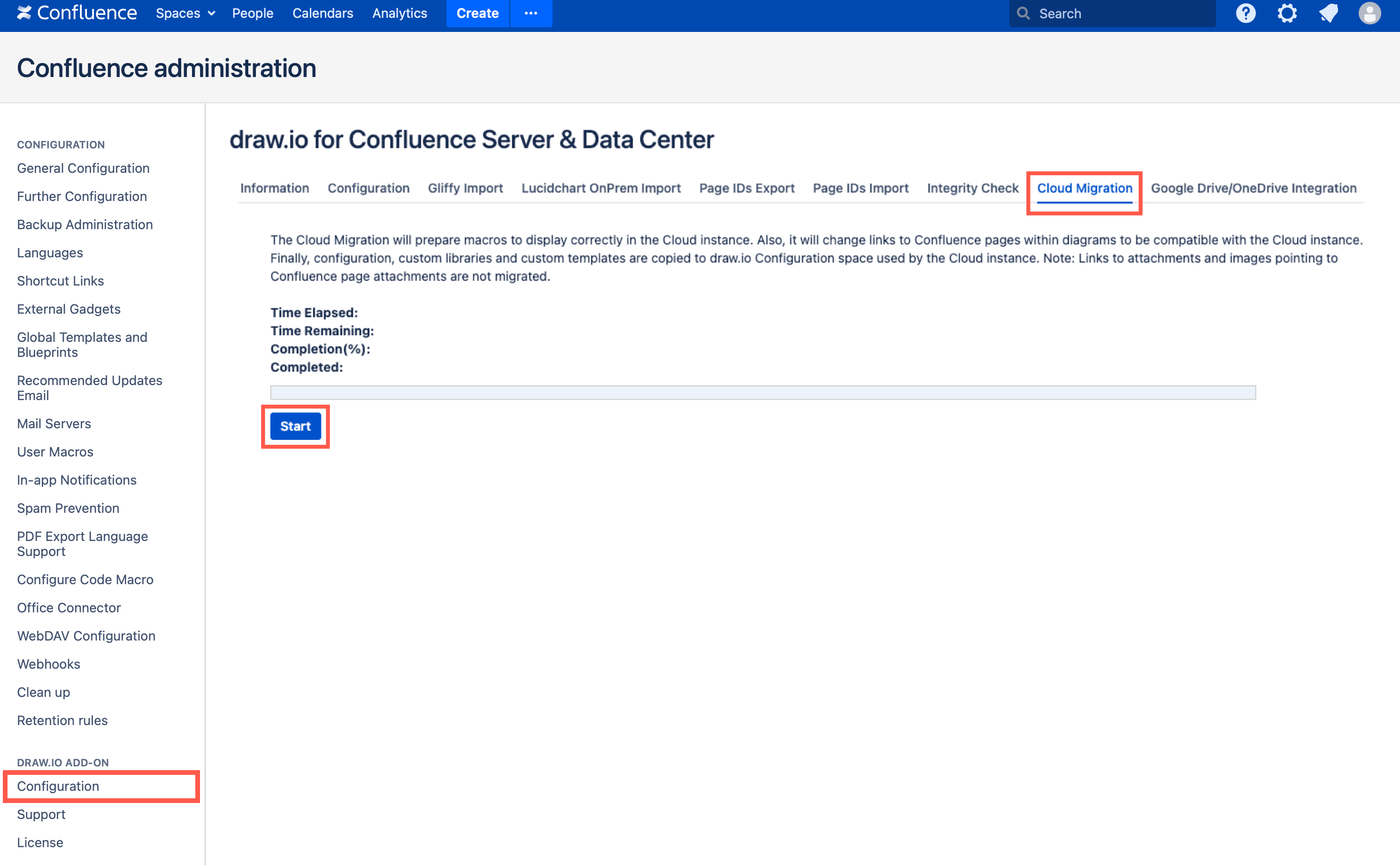 Start the Confluence DC/Server to Cloud migration preparation for draw.io diagrams in the administration area via draw.io add-on > Configuration > Cloud Migration