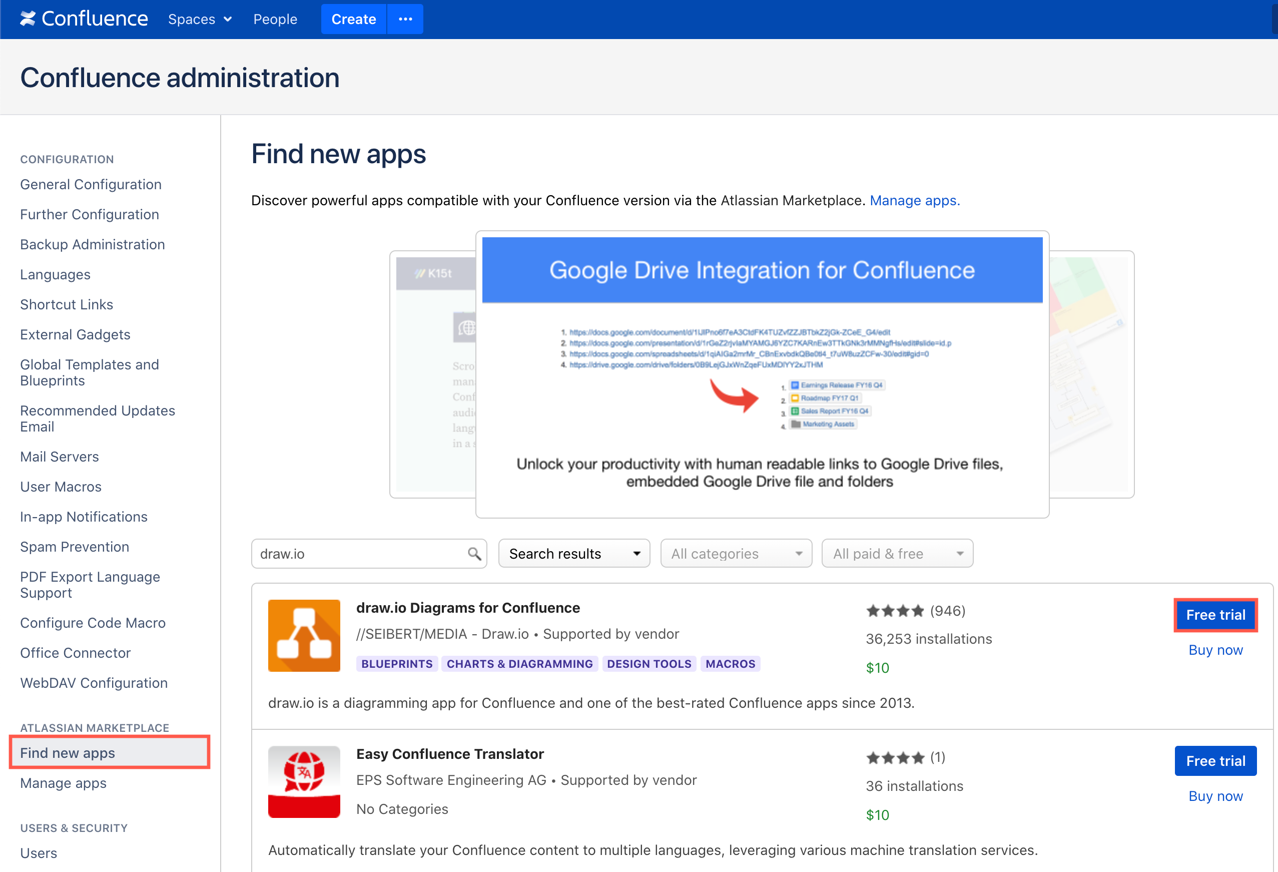 Get a trial draw.io license in Confluence Server