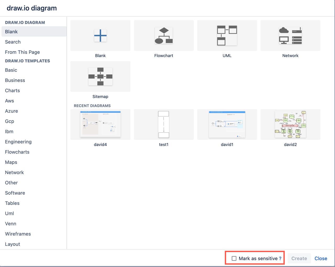 Mark a new diagram as sensitive when you create it to hide it from the recent diagrams list and search results