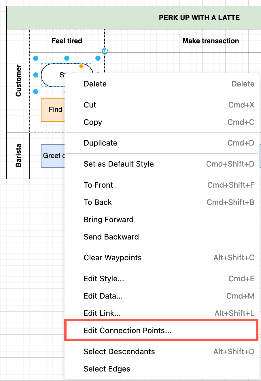 Use the context menu to edit the connection points of a selected shape