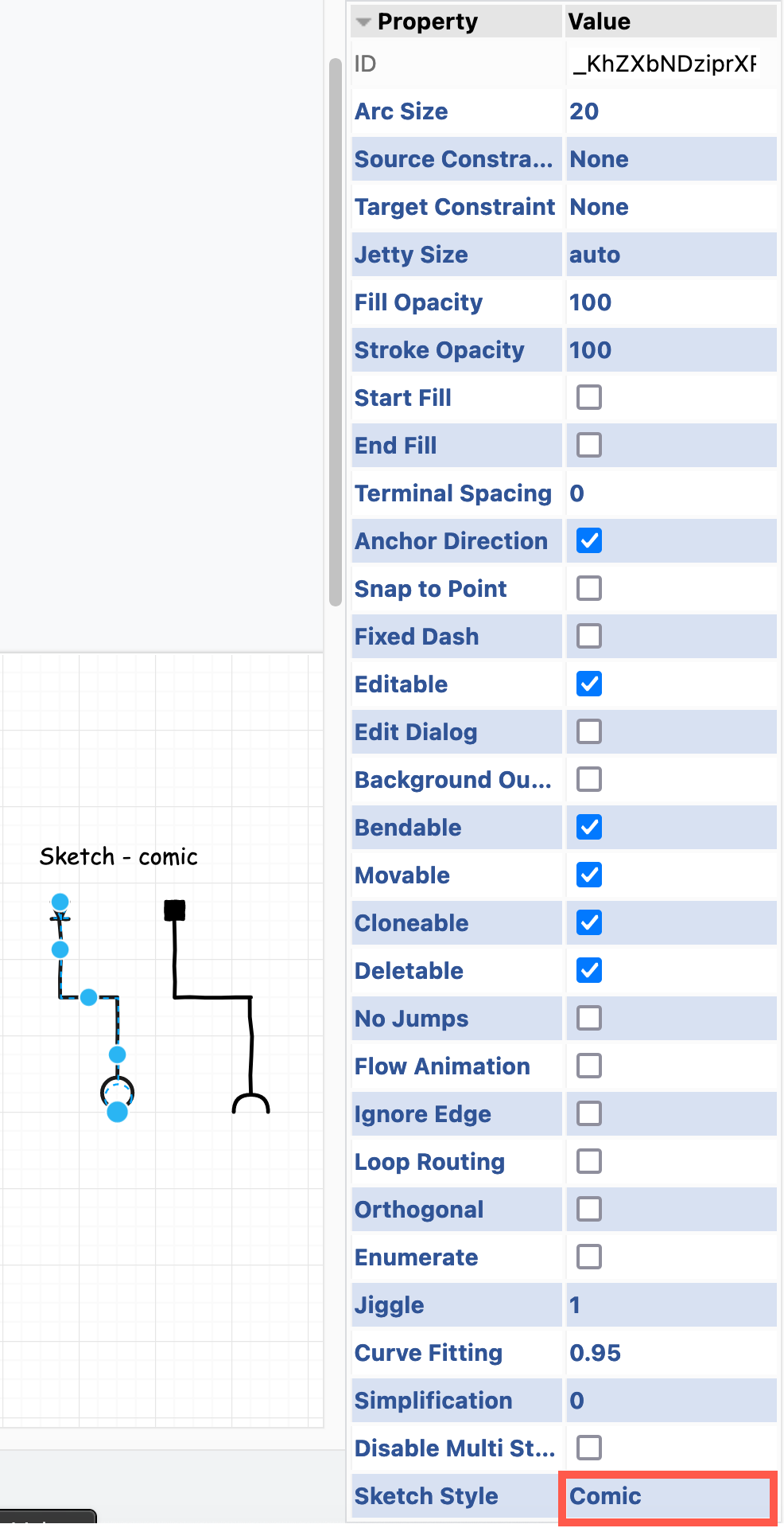 Change the connector's Sketch Style property to Comic to ensure the fill colour is solid while still using a hand-drawn style