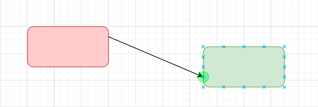 Fixed connector - Drop the connector on a connection point - a small x - when it is highlighted with a green circle
