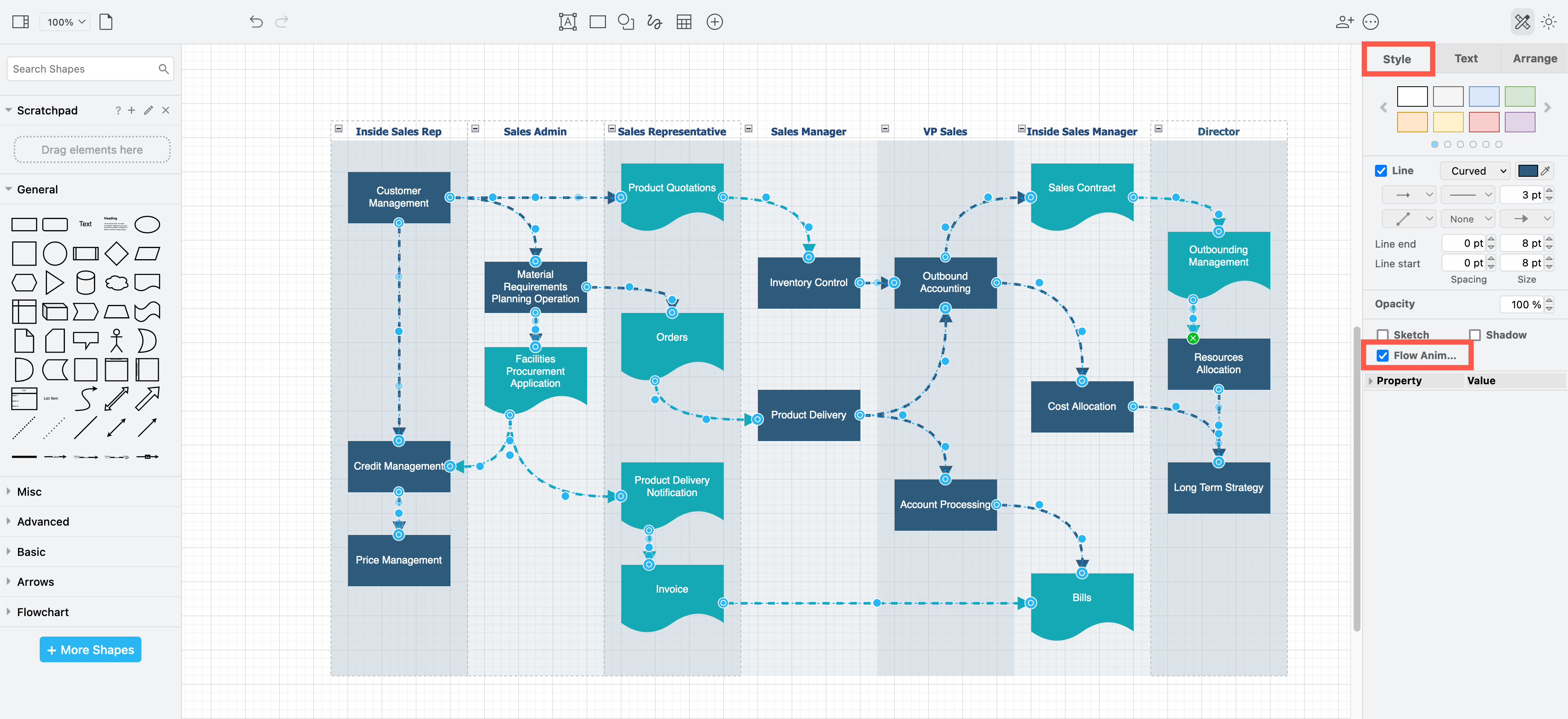 Enable Flow Animation on your connectors in draw.io via the Style tab.