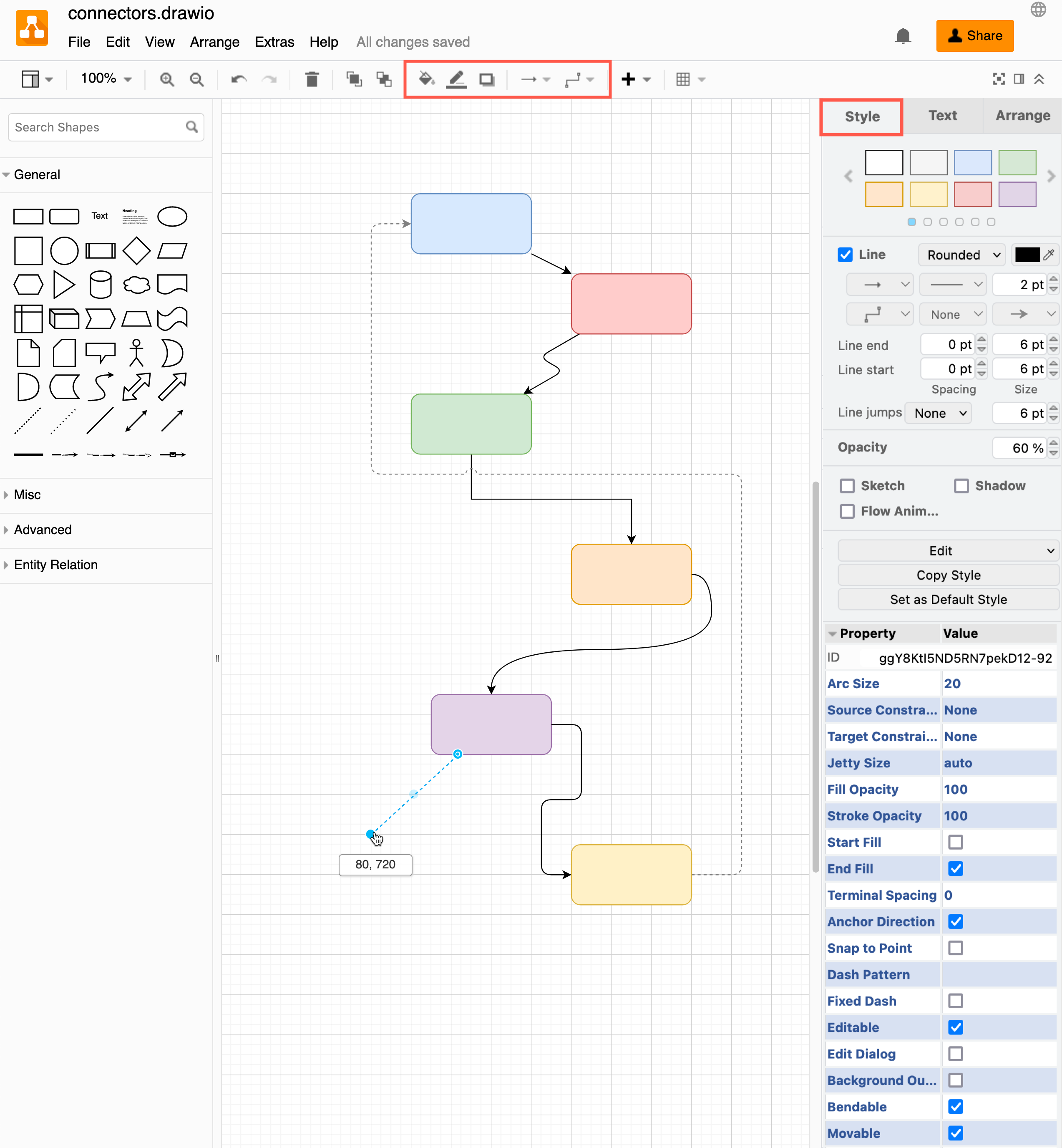 The Style tab in the format panel and the connector tools in the tool bar let you change the style of a selected connector in draw.io