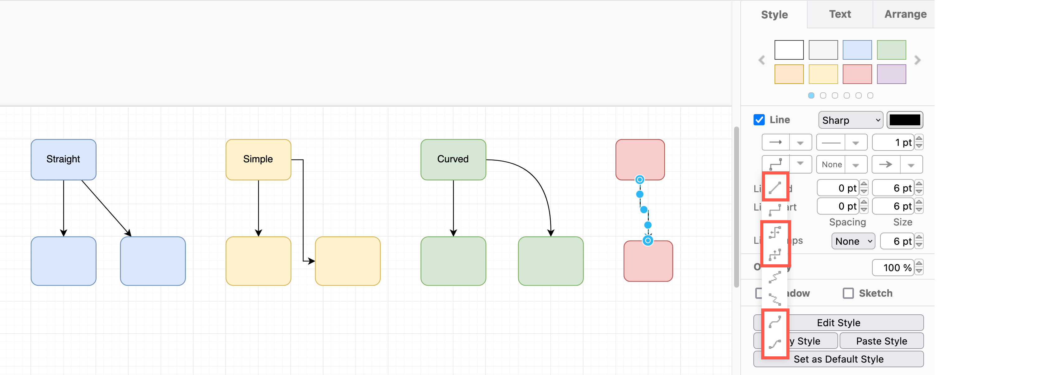 Choose a different path style (Waypoints) in the Style tab in the format panel on the right in draw.io to straighten a connector