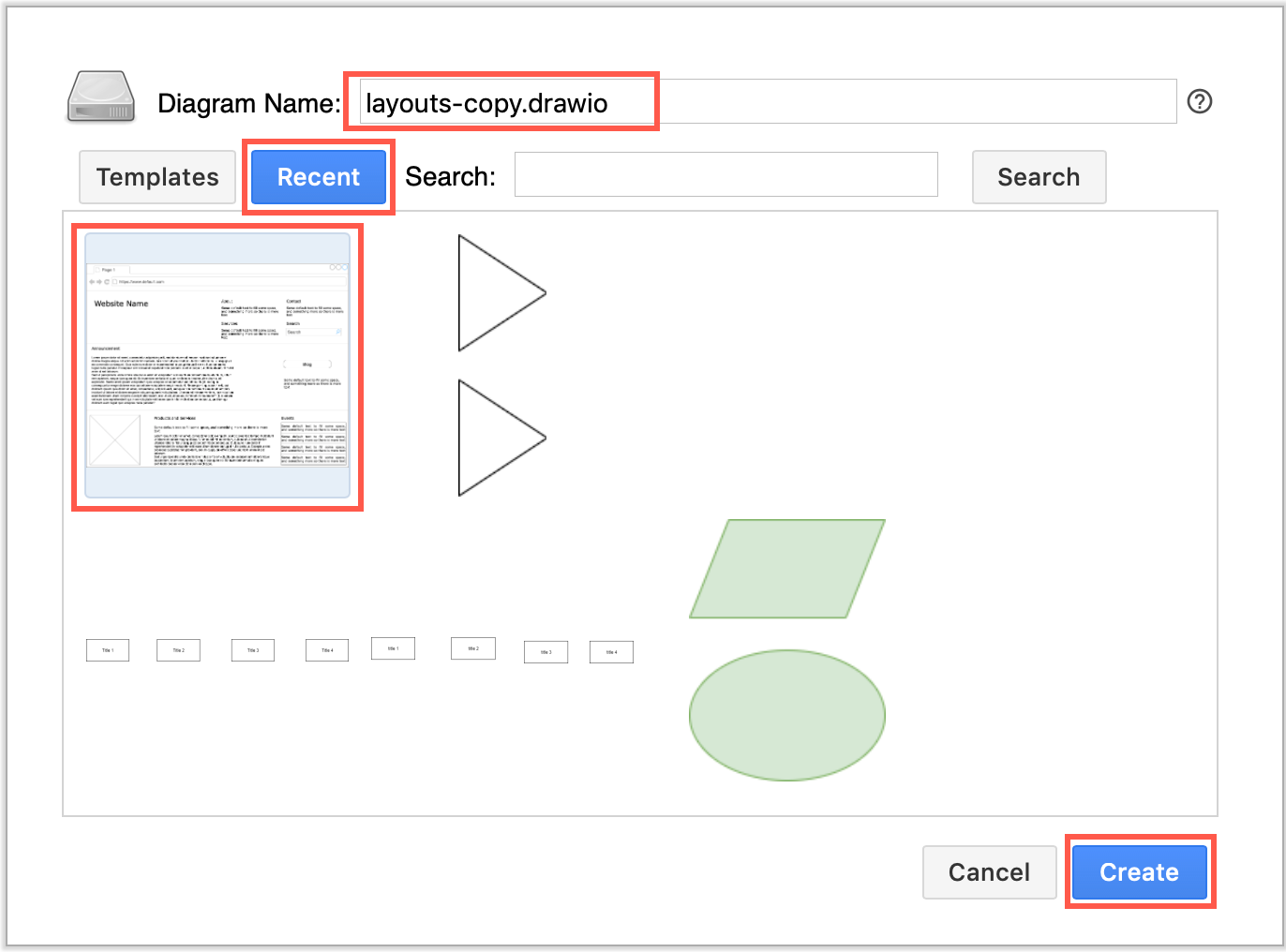 Select a diagram from the Recent tab, add a new diagram name and click Create to copy a draw.io diagram in Confluence Cloud