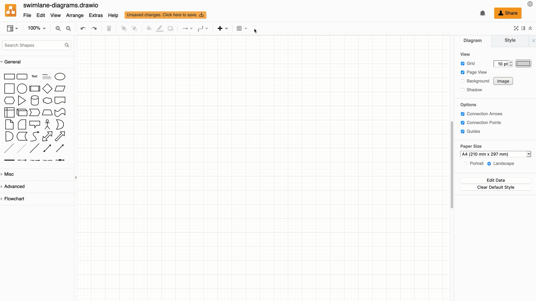 Add a cross-functional flowchart with a custom number of horizontal and vertical swimlanes by holding down Ctrl when inserting a table via the toolbar in draw.io