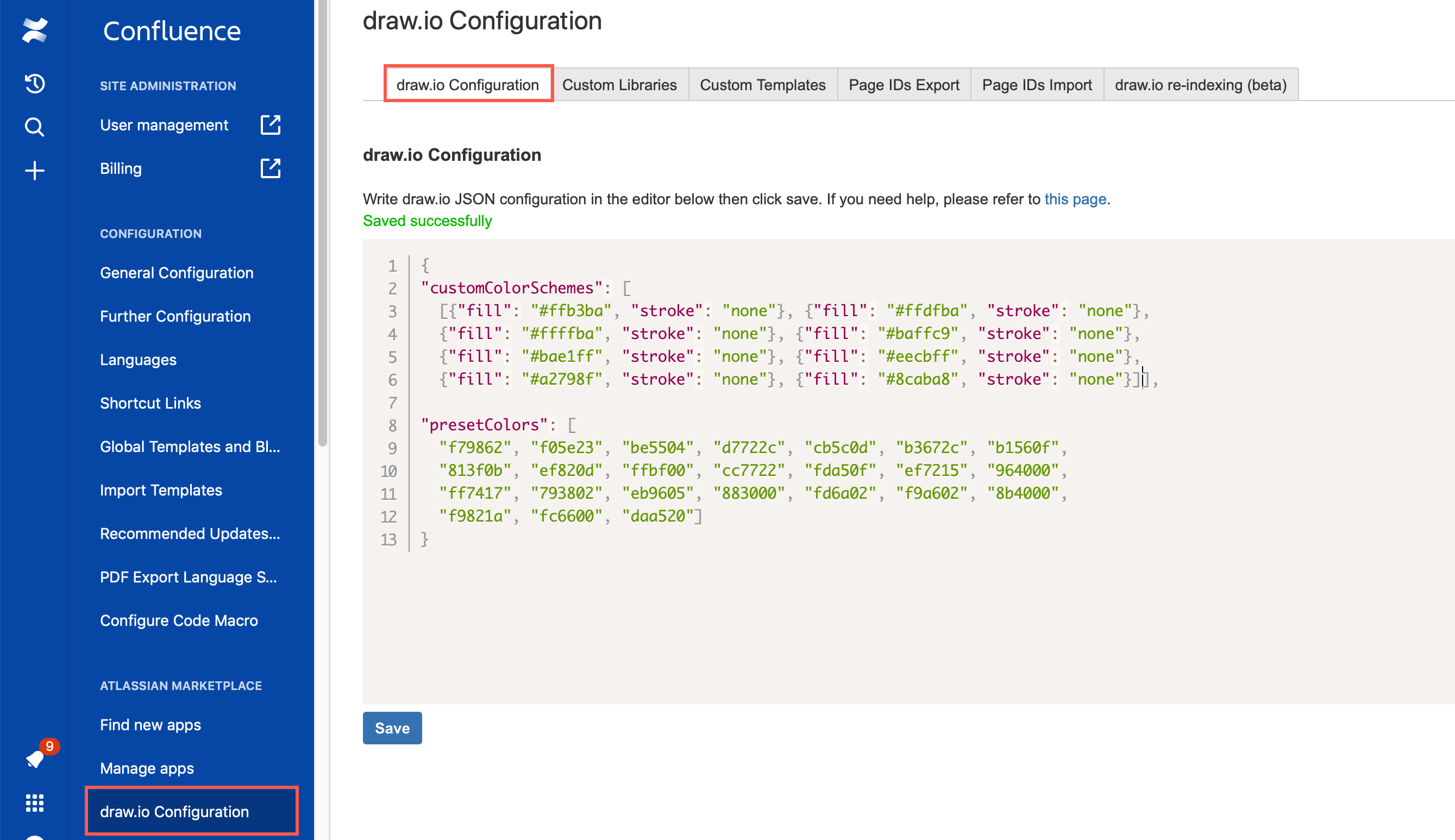 JSON code for a custom style palette and custom default preset colours in the colour dialog in draw.io for Confluence Cloud