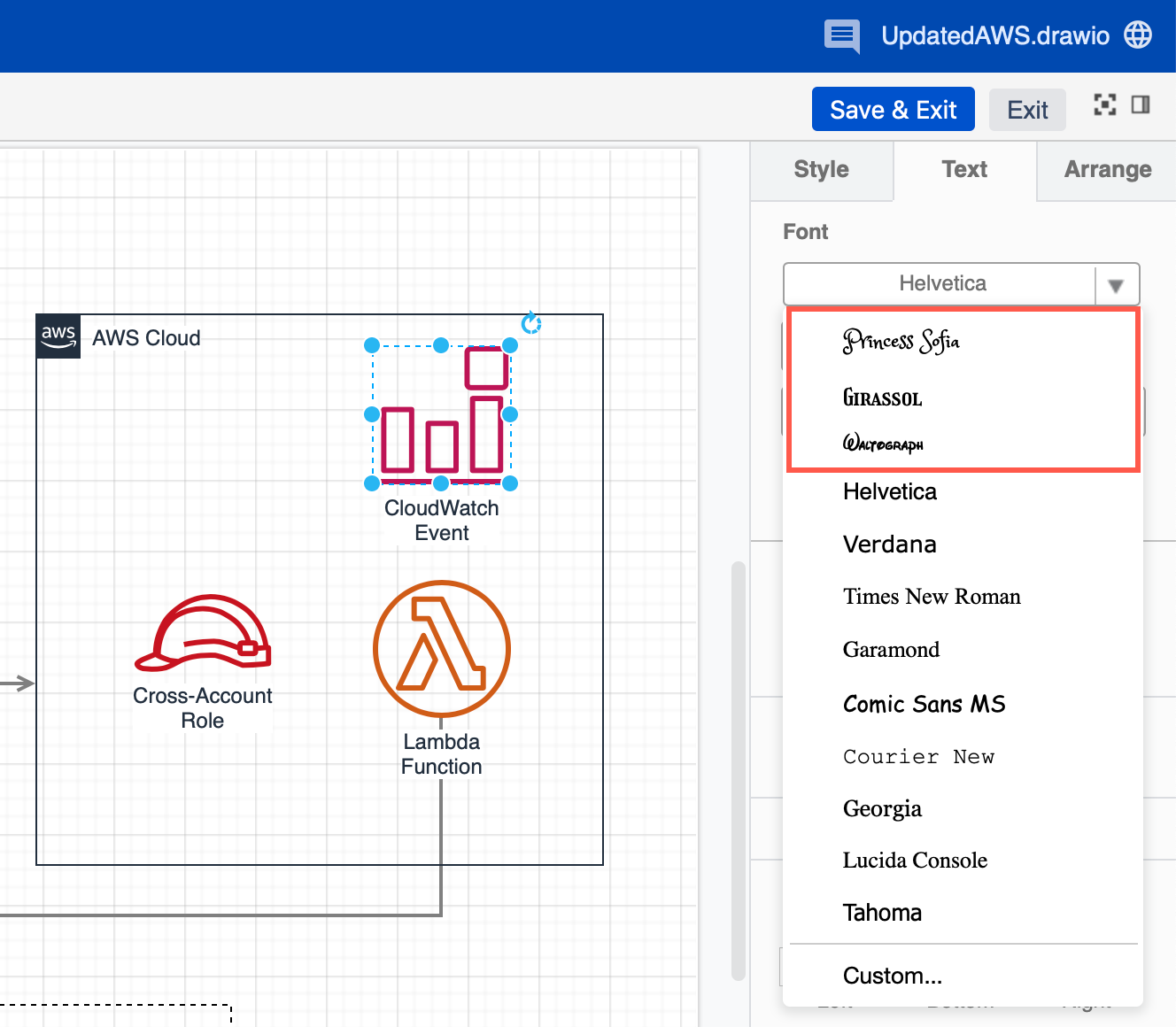 Multiple custom fonts can be used in draw.io for Confluence Cloud