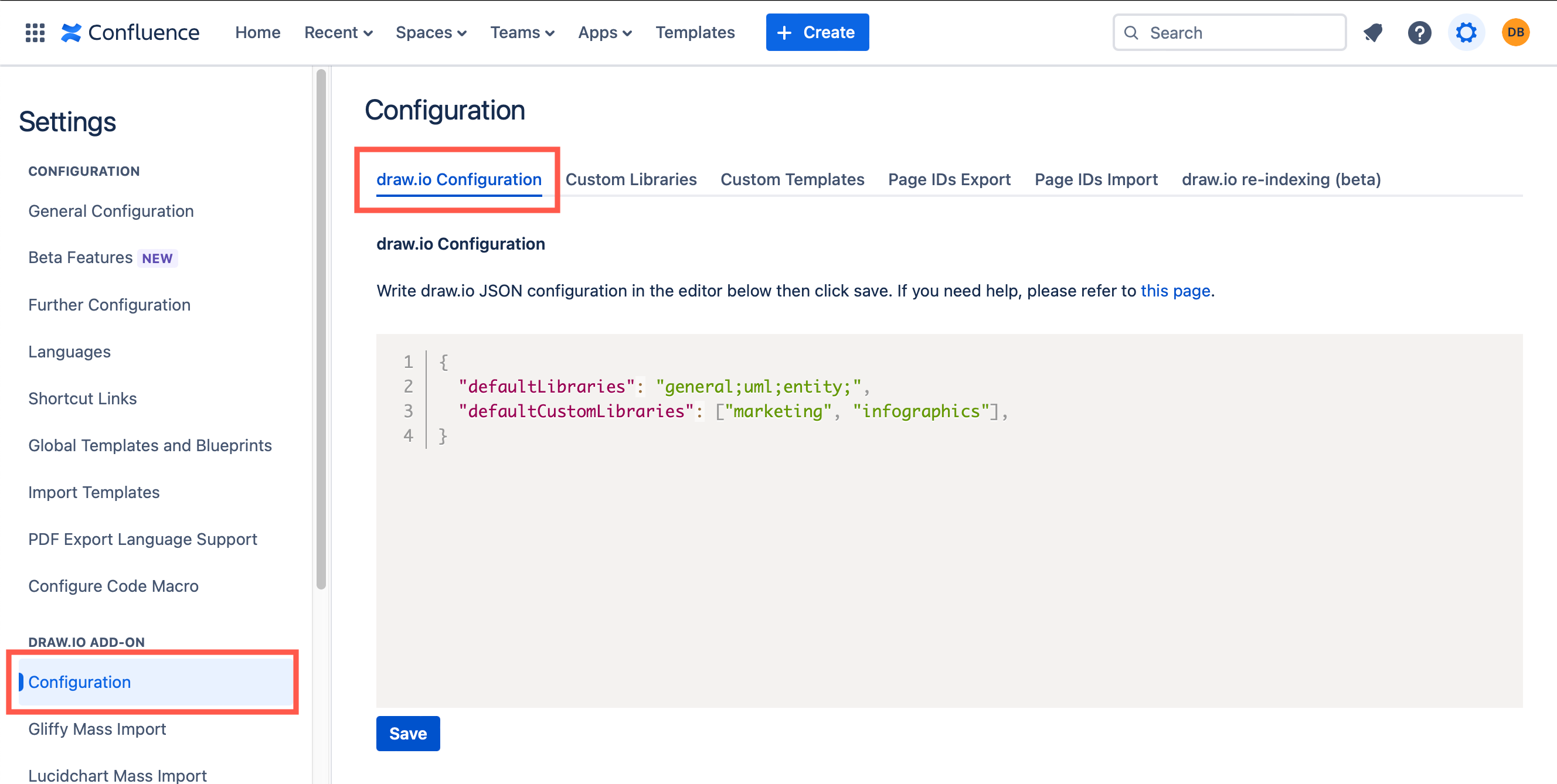 Open shape libraries and custom libraries by default in draw.io for Confluence Cloud