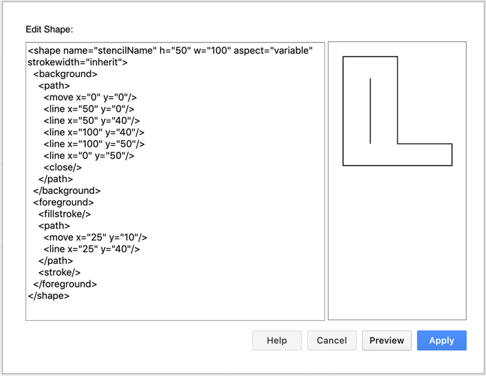 A complex custom shape and its code, created in draw.io