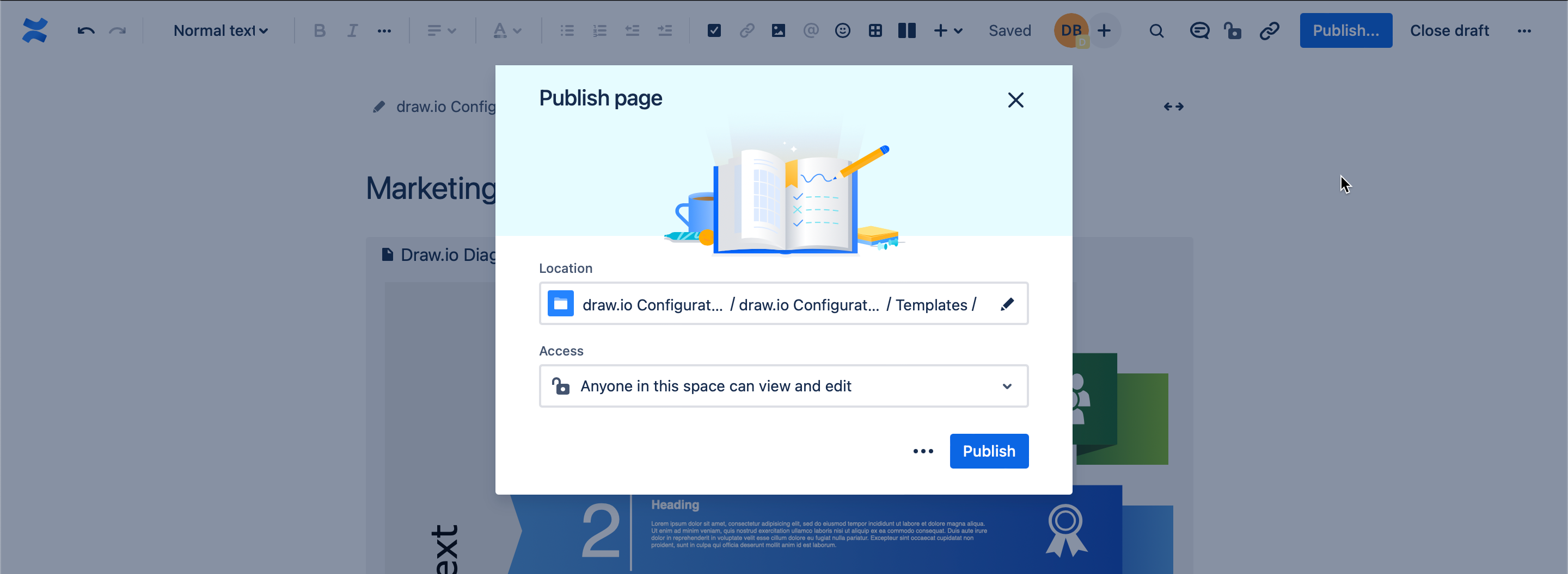 Publish the page with the diagram macros to add a new template diagram category in draw.io for Confluence Cloud