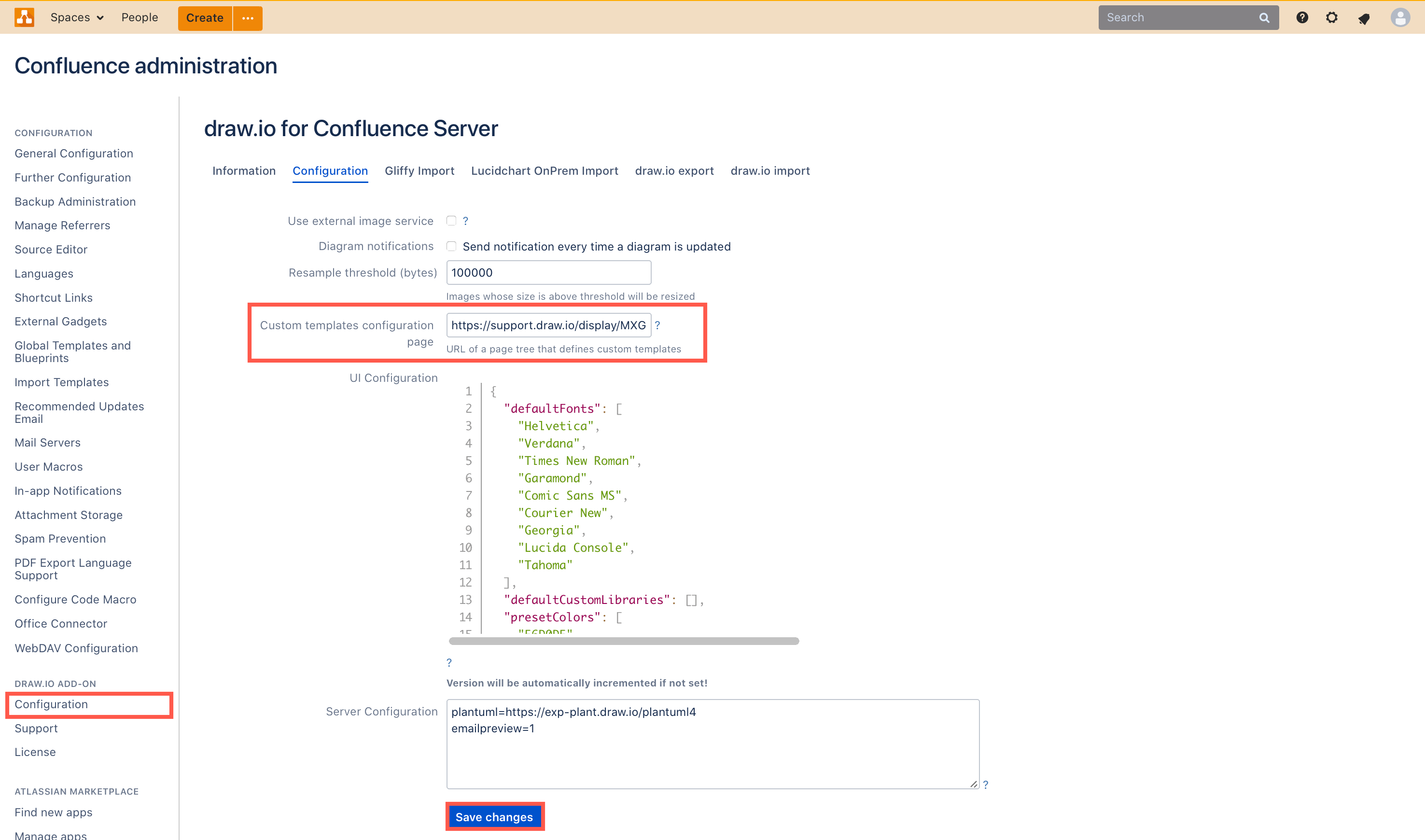 Add the custom templates parent page's URL to the draw.io configuration in the Confluence administration