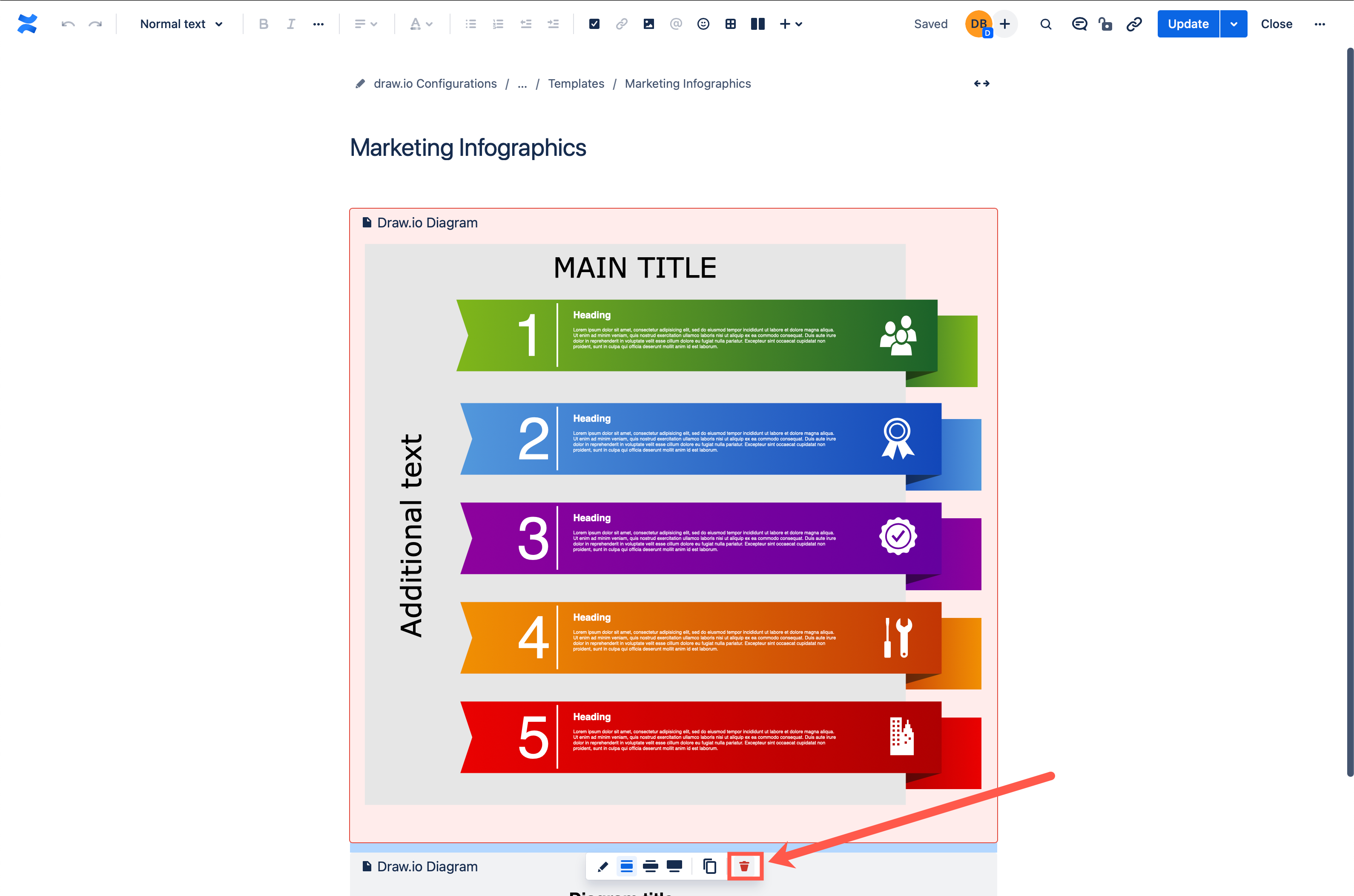 Select and delete a draw.io diagram macro from a draw.io template category page in Confluence Cloud in the draw.io Configurations space