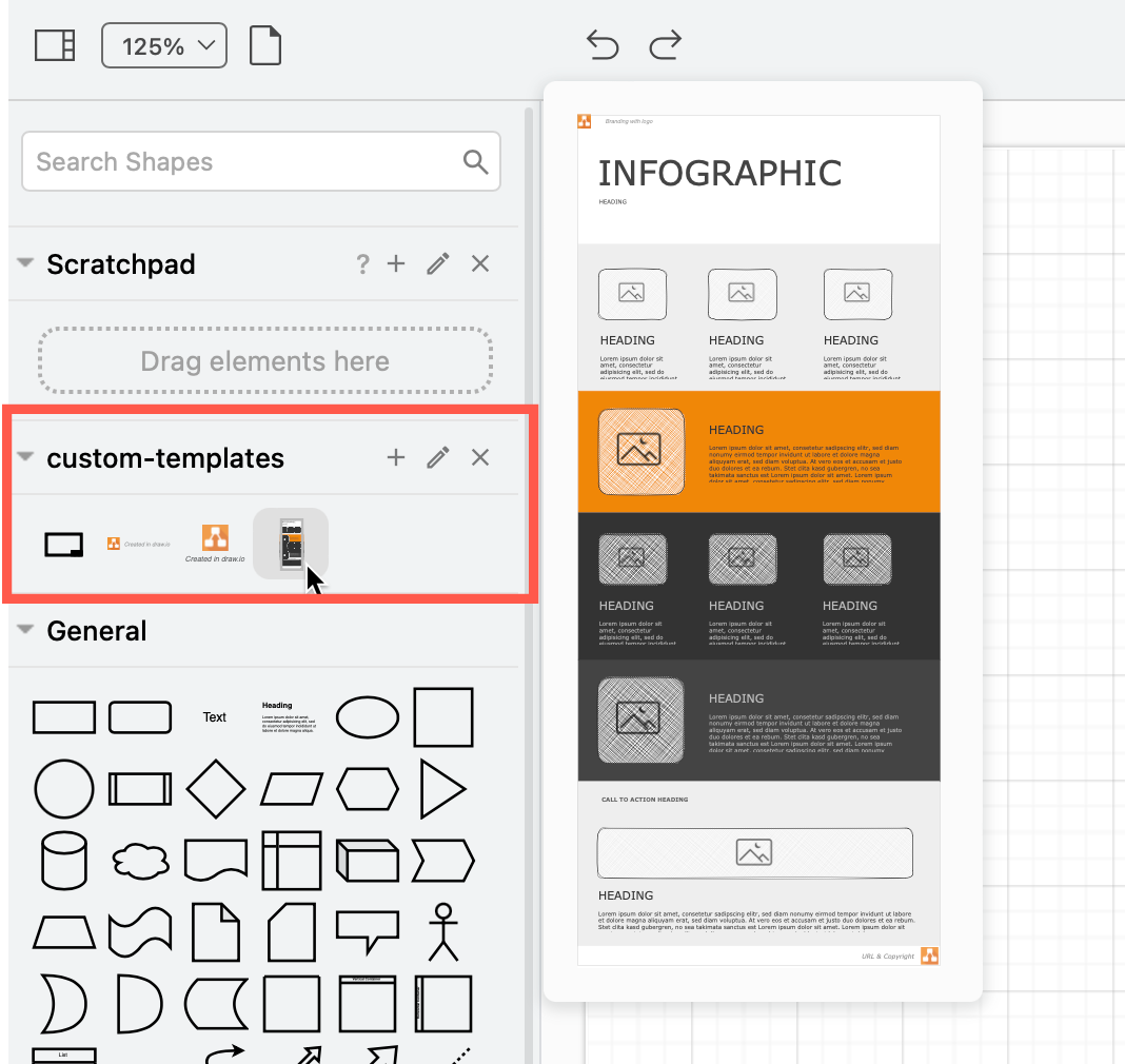 An imported custom library will appear in the shapes panel on the left in draw.io