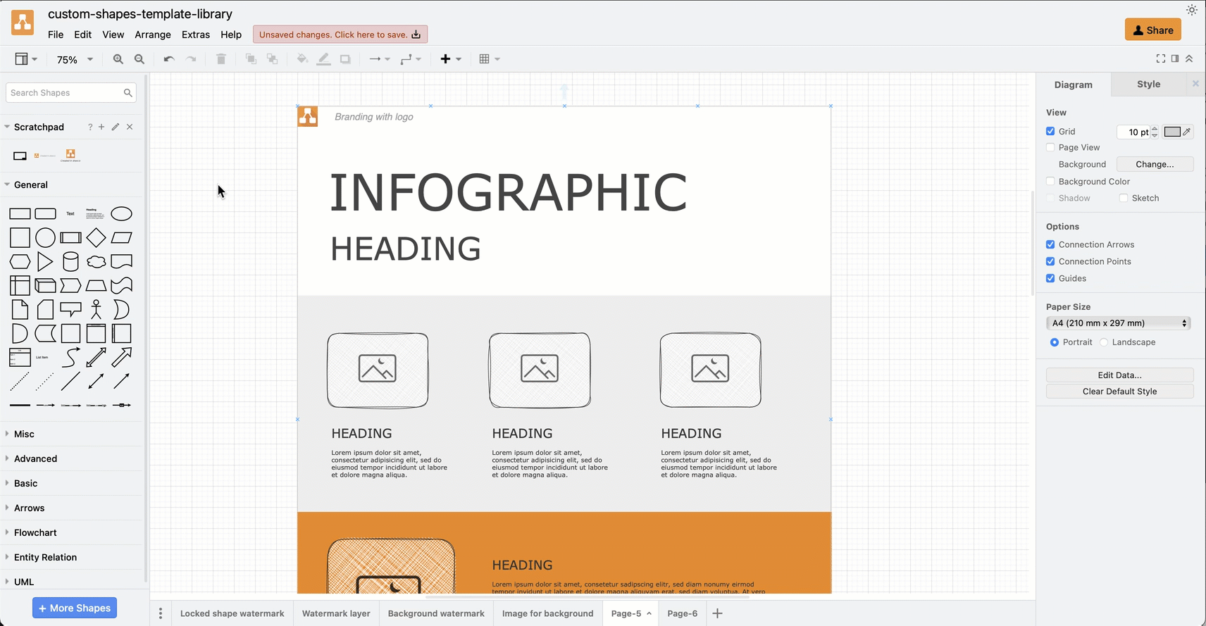 Use the scratchpad to work with and store custom template diagrams in draw.io