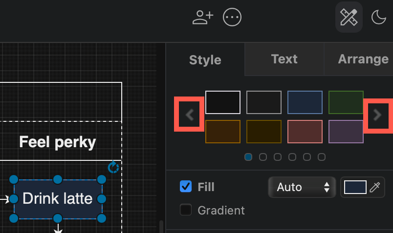Change to a style palette to format shapes more visibly against a dark background when using the Dark editor theme in draw.io