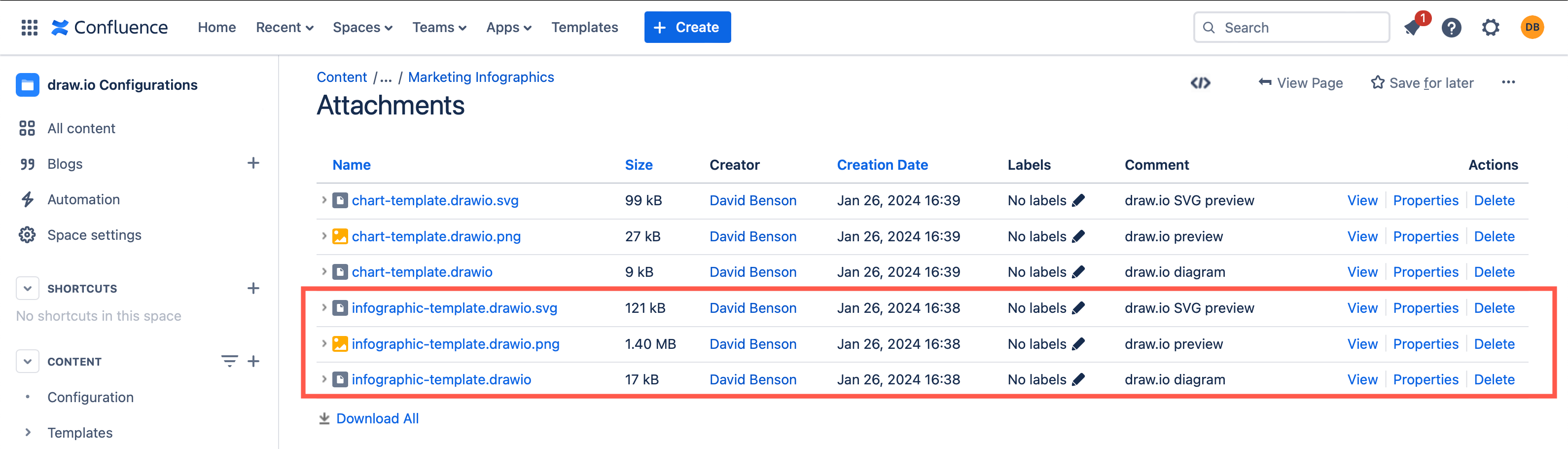 Delete the template diagram and its preview images from the list of draw.io diagrams attached to that page