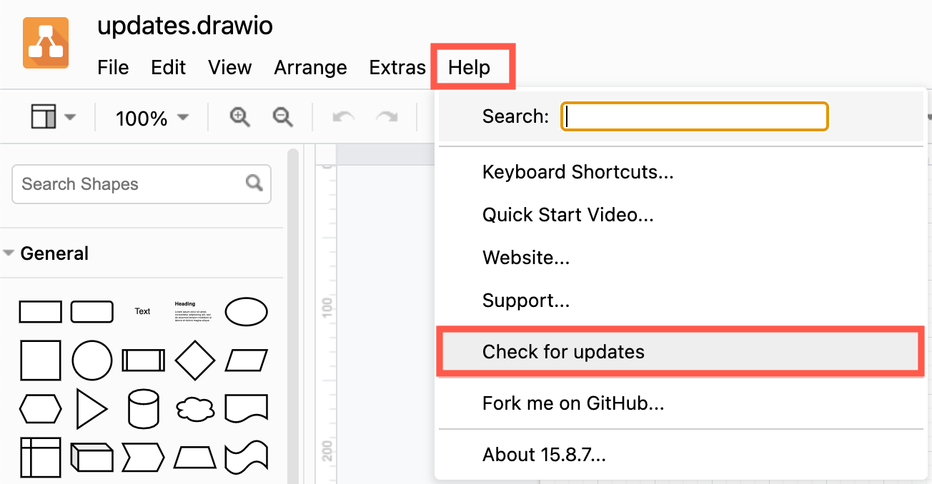 Select Help in draw.io Desktop, then Check for Updates to update the application to the most recent build