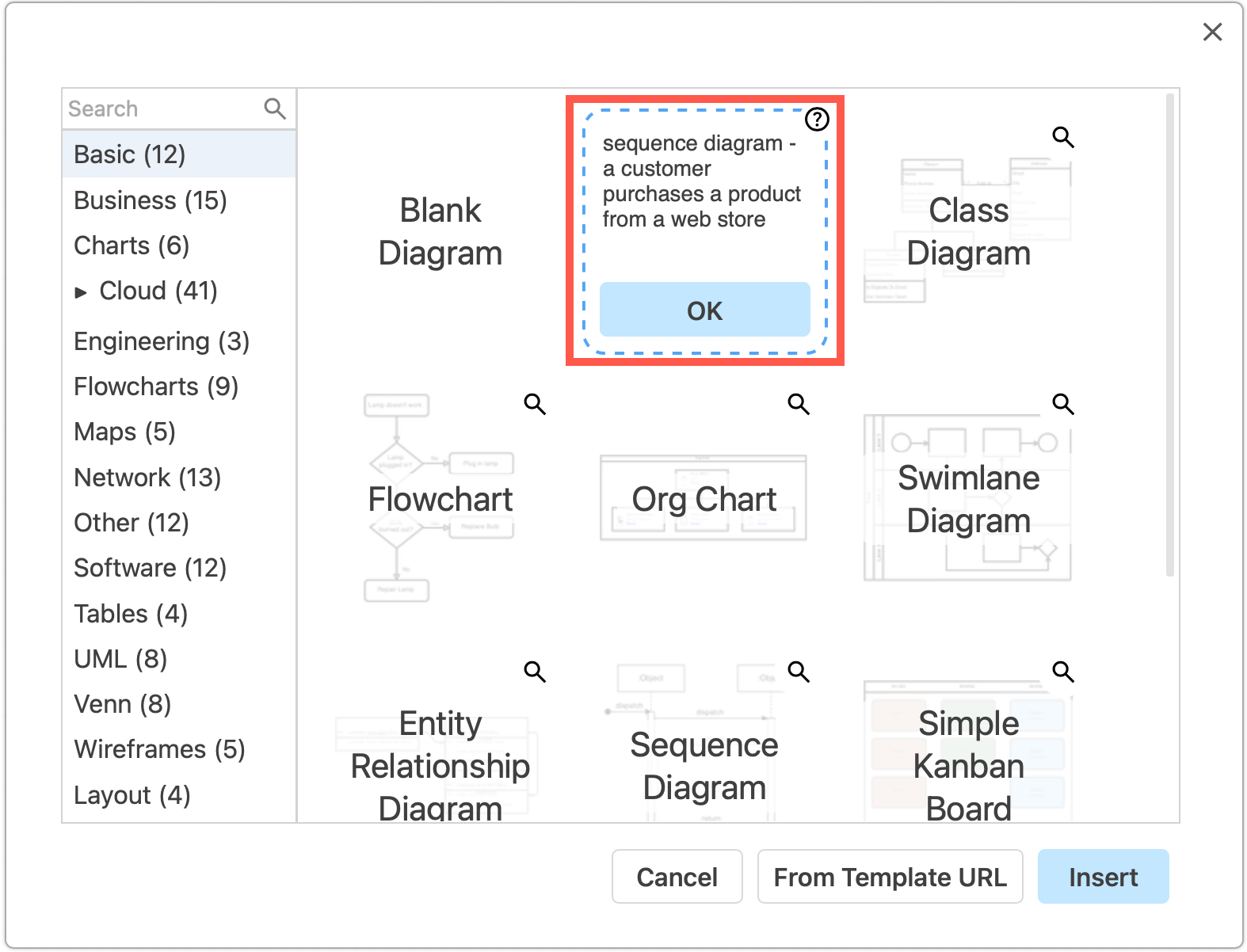 Generate diagrams of many different types from a text description via the template library in draw.io
