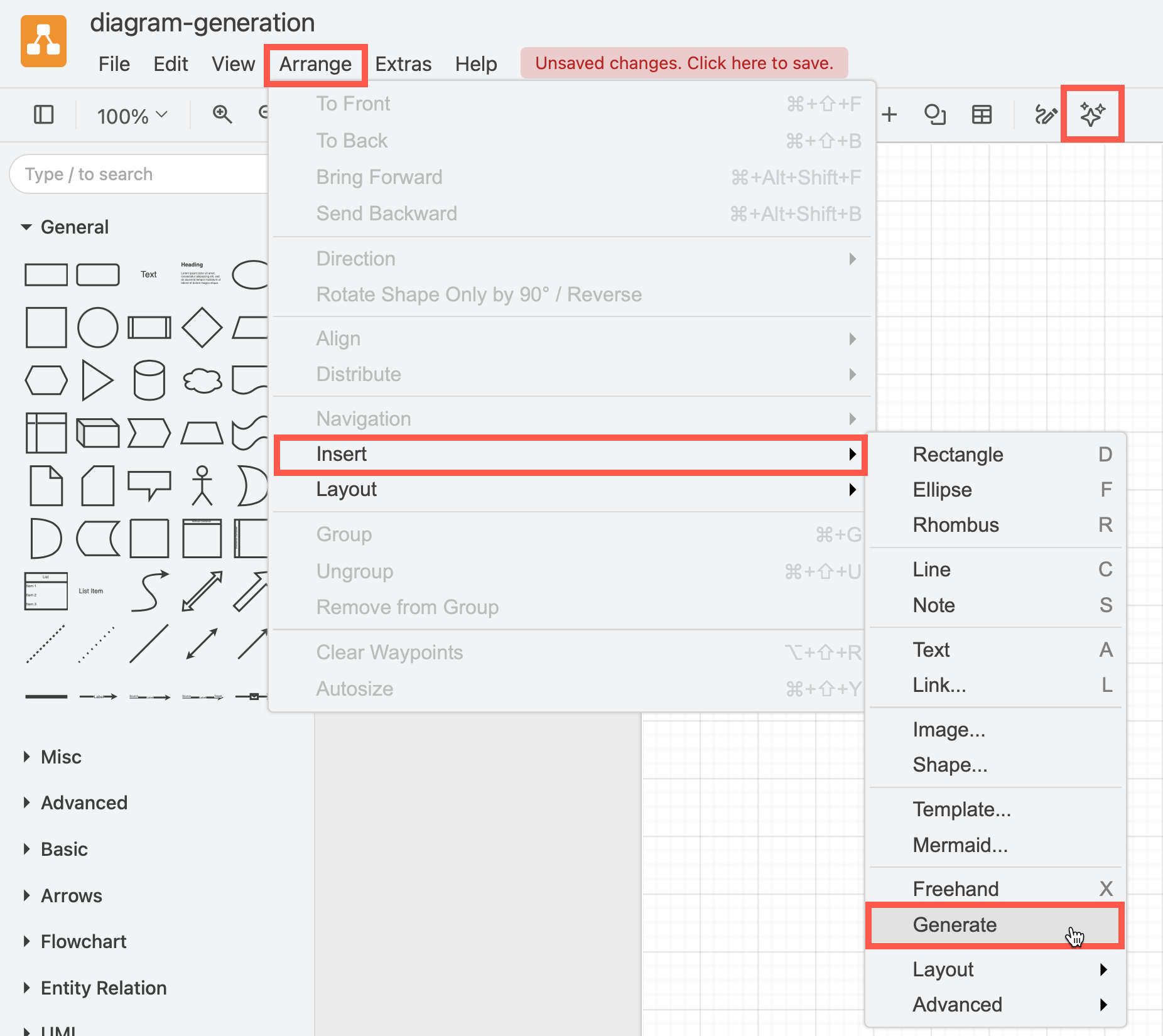 Generate diagrams of many different types from a text description via the menu and toolbar in draw.io