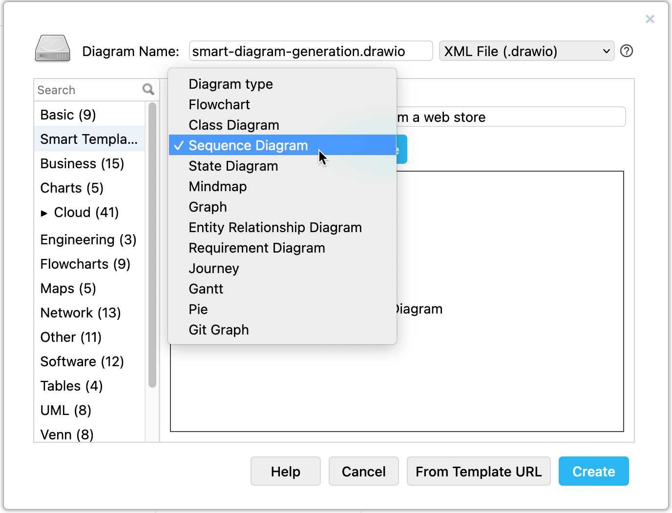 Select the type of diagram that you want to generate in the template library in draw.io