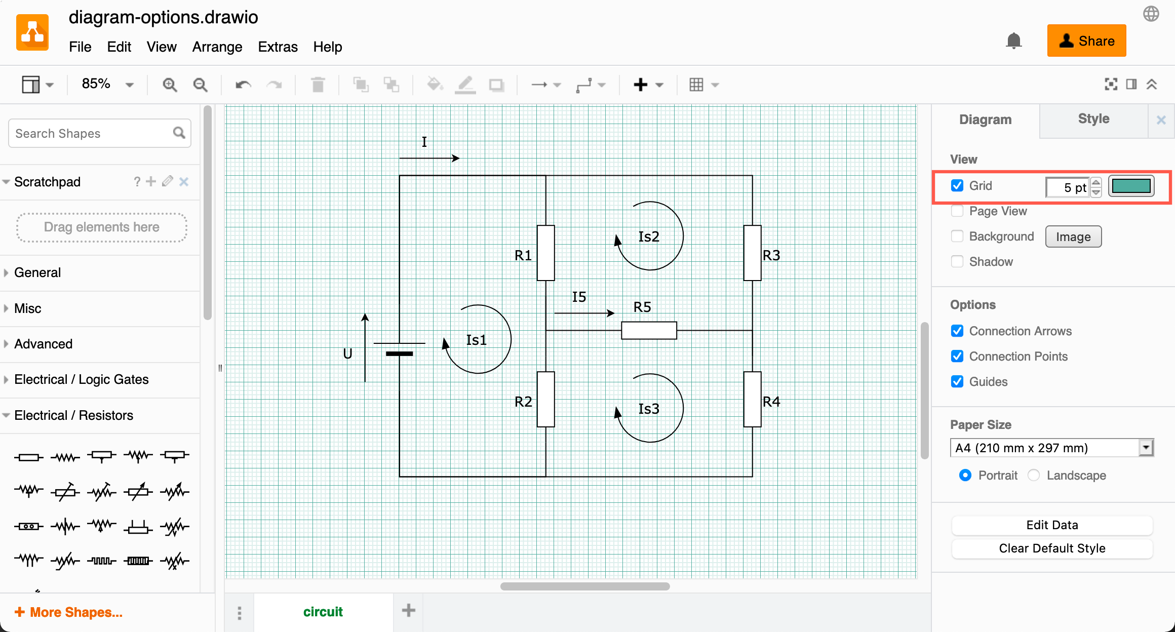 Change how the grid is displayed on the drawing canvas in draw.io