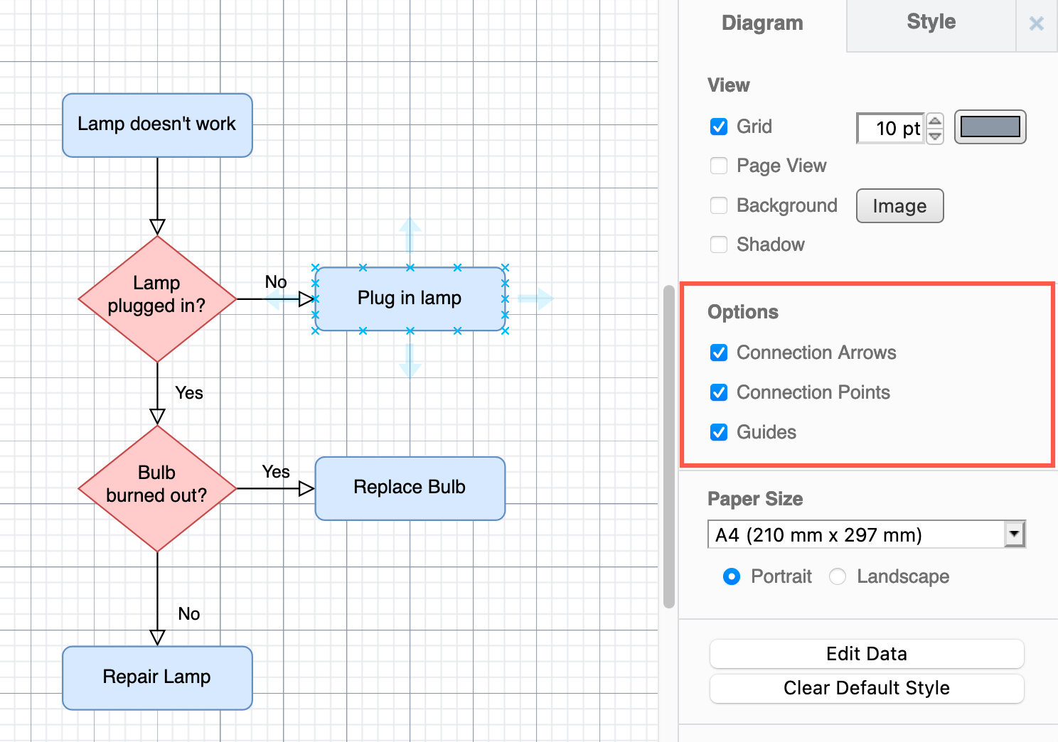 The Options in the Diagram tab change how the editor behaves