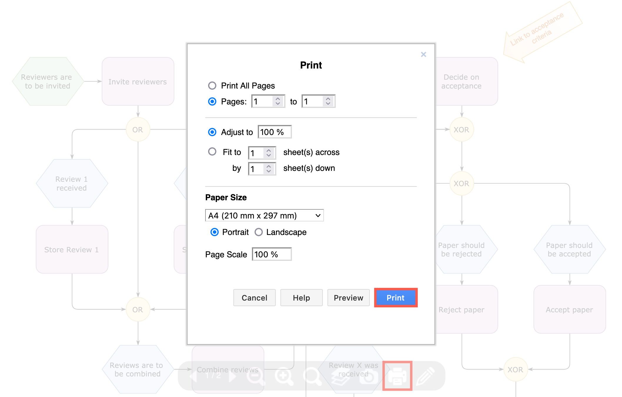 Print your diagram from the draw.io viewer and select your print options