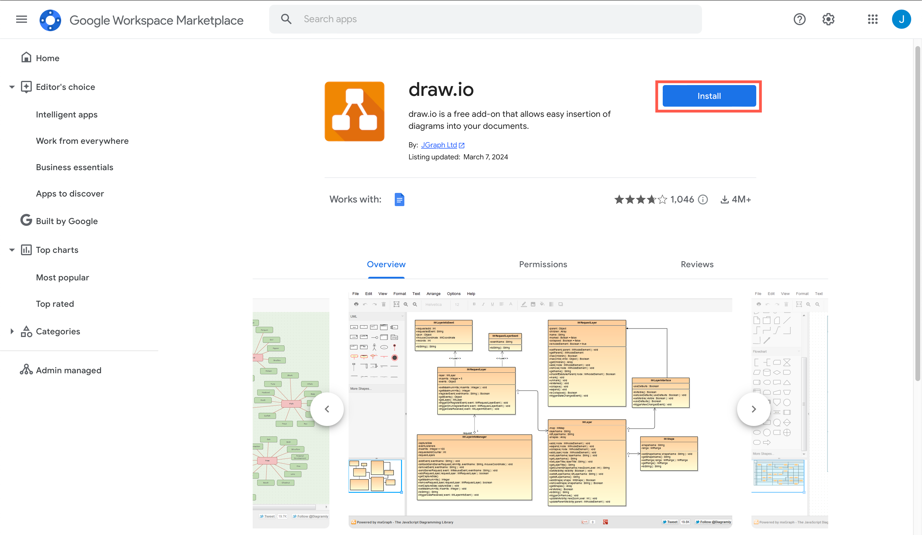 Install the draw.io for Docs add-on from the Google Marketplace