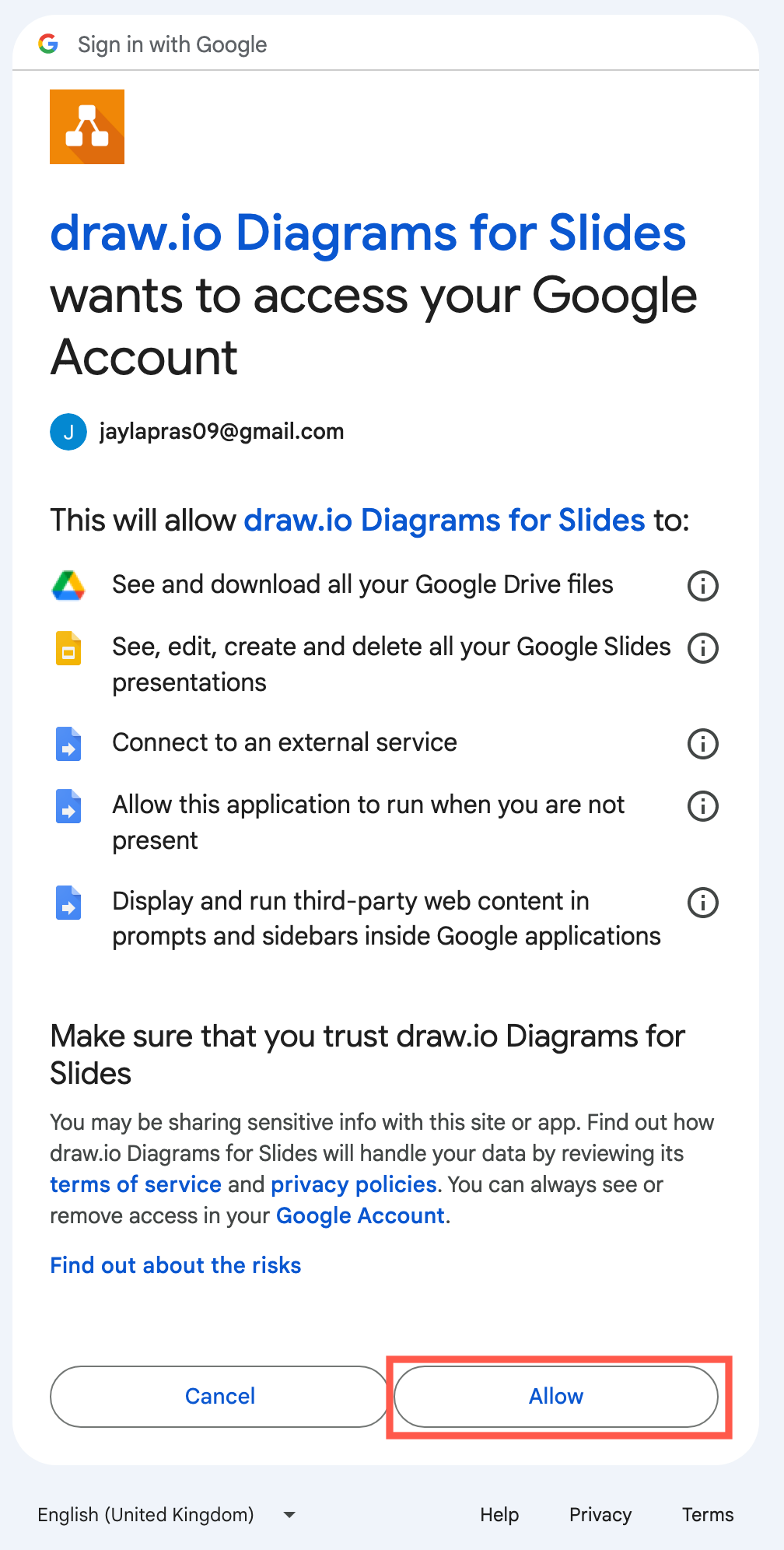Grant permission for draw.ioto access your Google Drive files and Google Docs