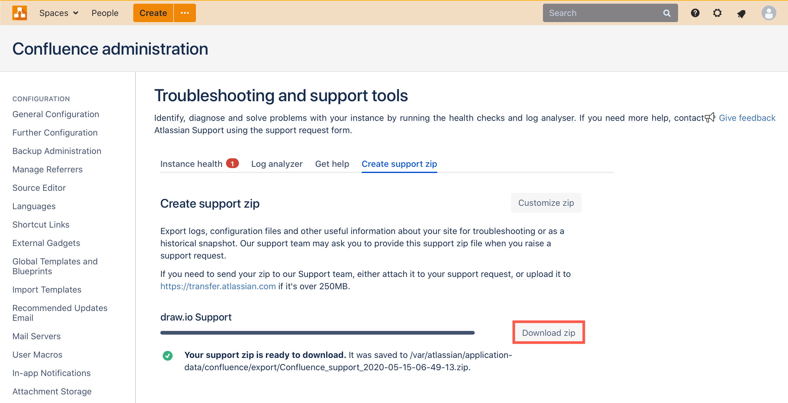 Download your draw.io support zip once Confluence has finished creating it