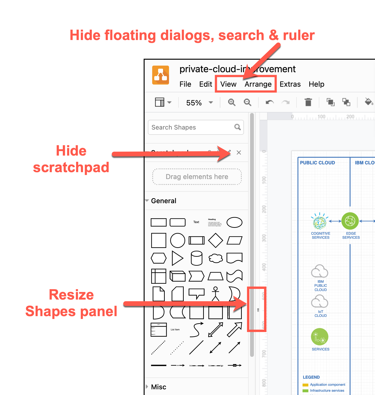 Display, hide and minimise floating panels and resize the Shapes panel to maximise drawing canvas space