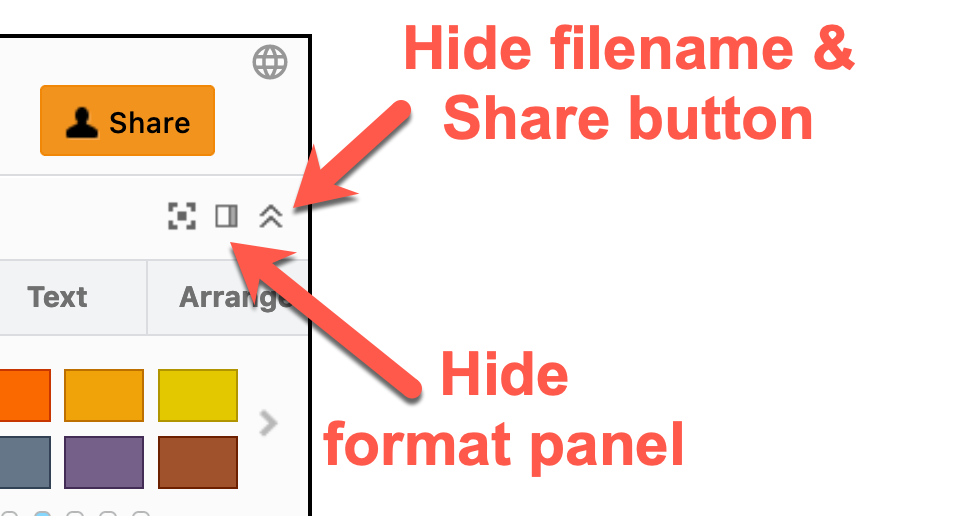 Display, hide and minimise format panel, and filename at the top of the page to maximise drawing canvas space