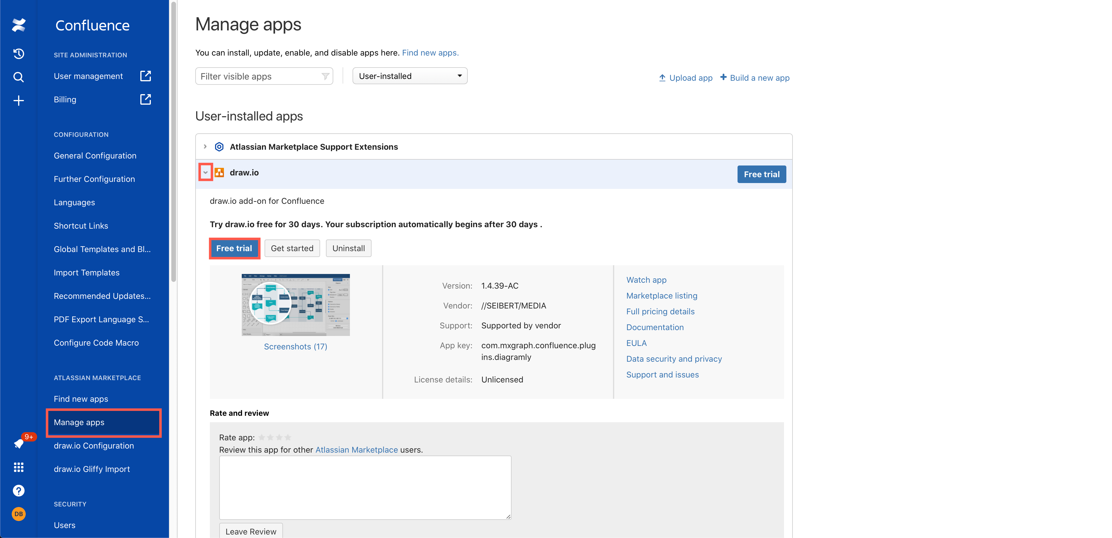 Start the free trial of draw.io for Confluence Cloud via Settings