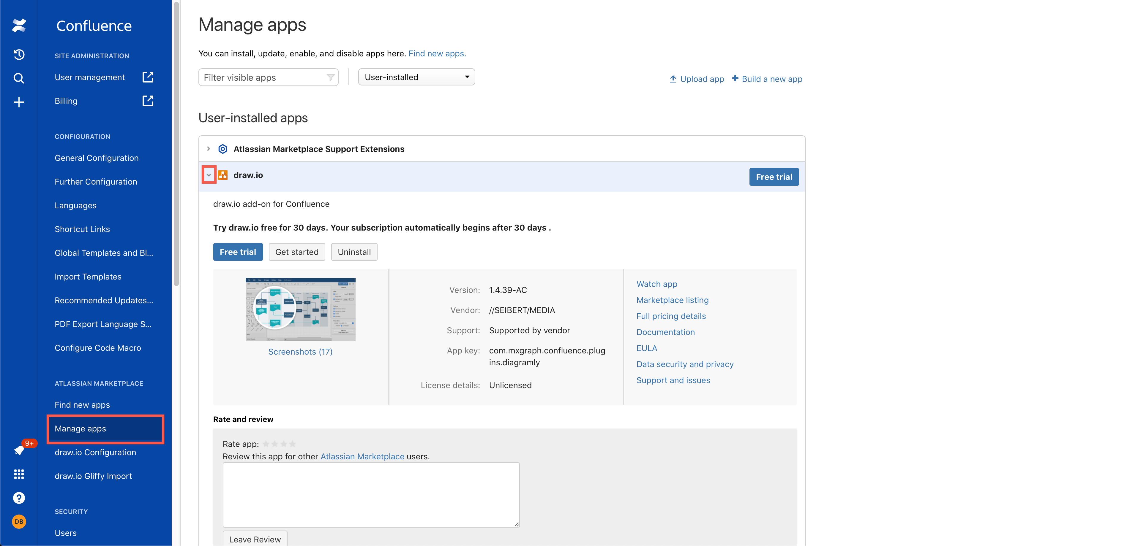Manage the draw.io app in the Confluence Cloud Settings as an administrator