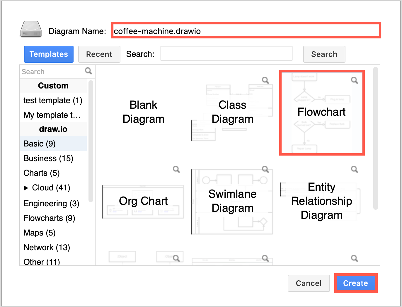 Select a template diagram, then click Create to insert a diagram into Confluence Cloud