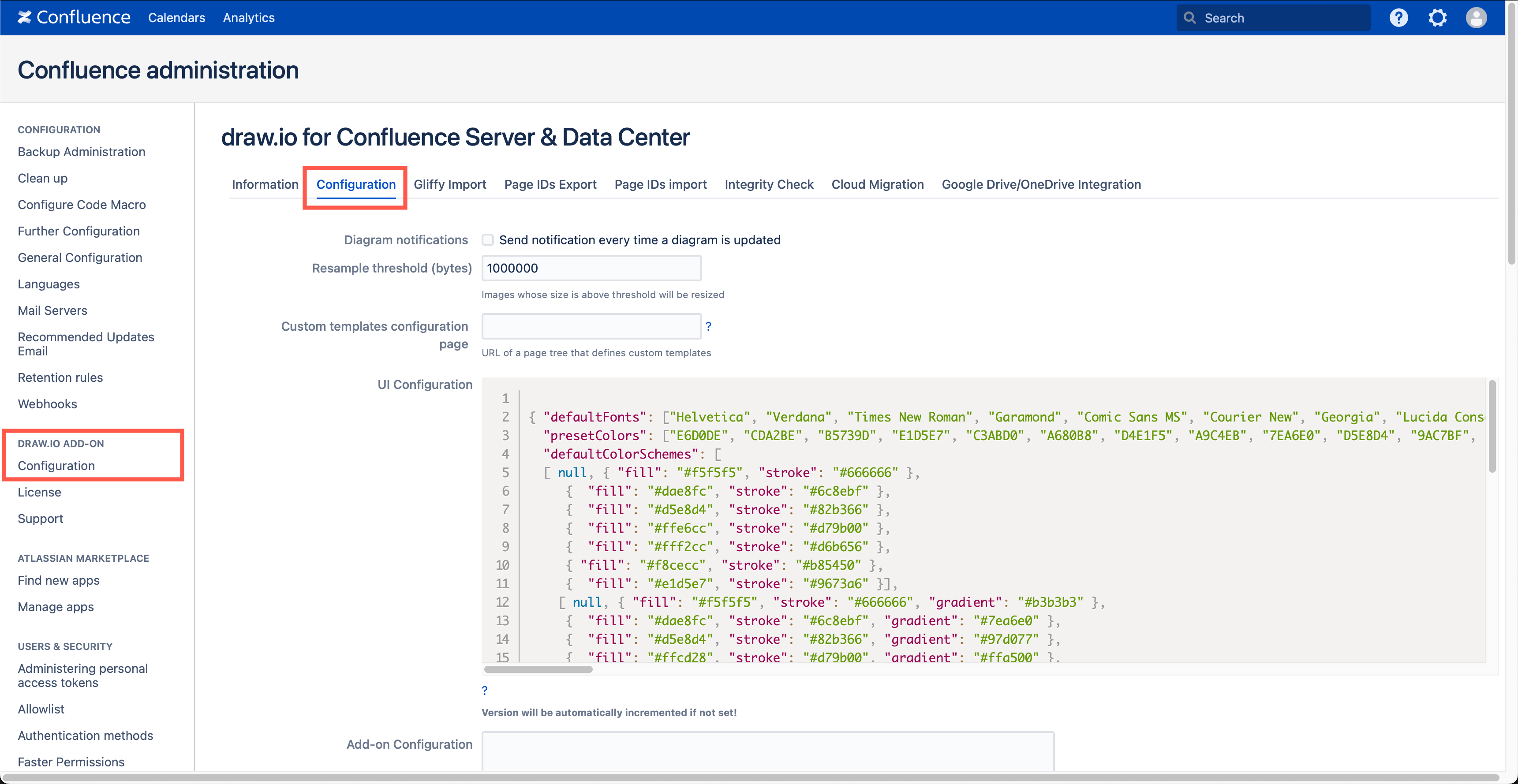 Configure default colours and styles in the draw.io configuration in Confluence Data Center for all users in your instance