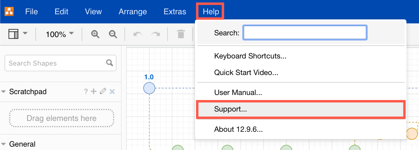 From within the draw.io diagram editor, click on Help > Support