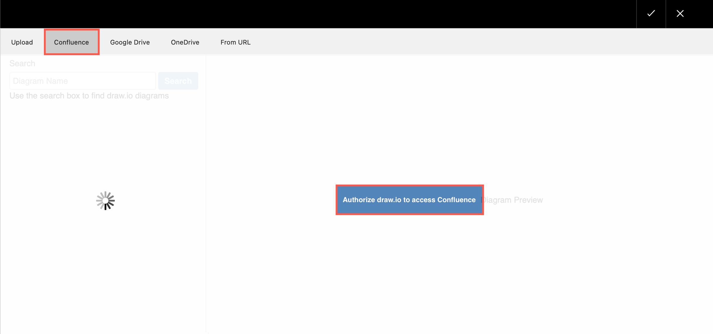 Before you can embed a draw.io diagram into a Jira Cloud issue, you must authorise draw.io to access your Confluence Cloud instance