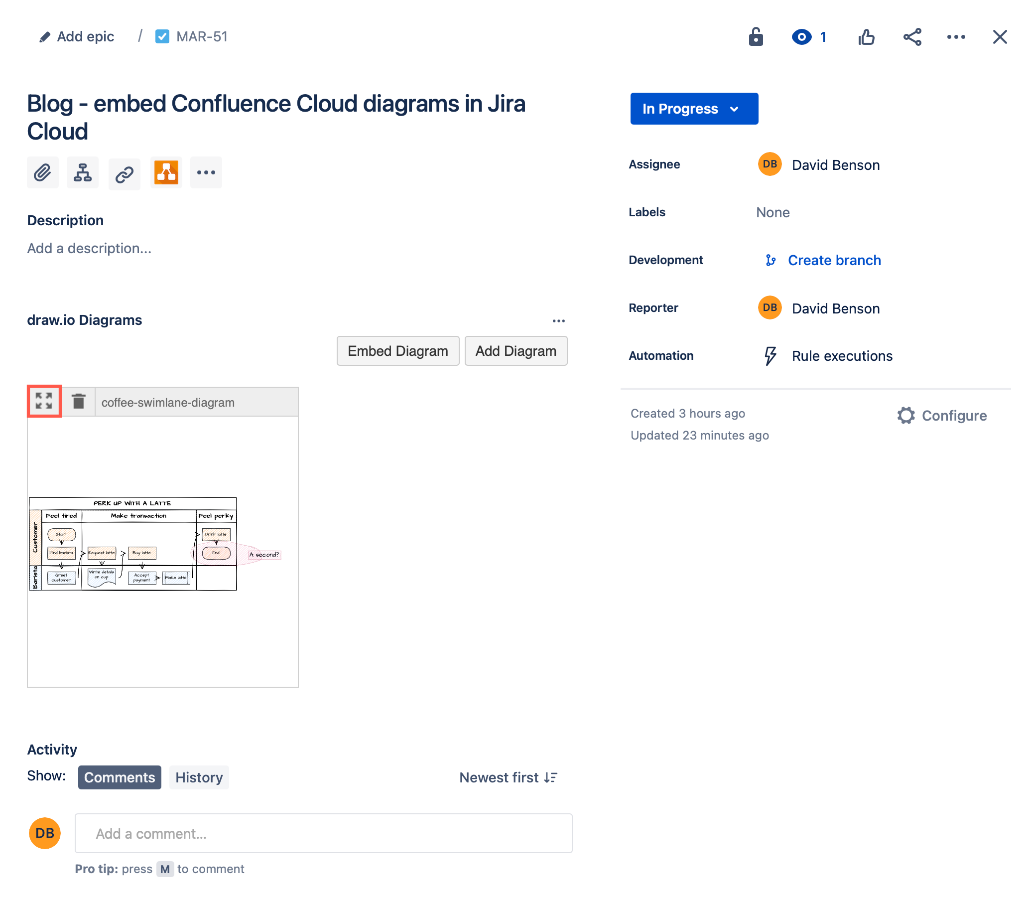Hover over an embedded draw.io diagram in a Jira Cloud issue to view the toolbar and click on Show to see the full-size diagram