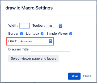 Change the link behaviour of draw.io diagrams in the draw.io macro settings in Confluence Server