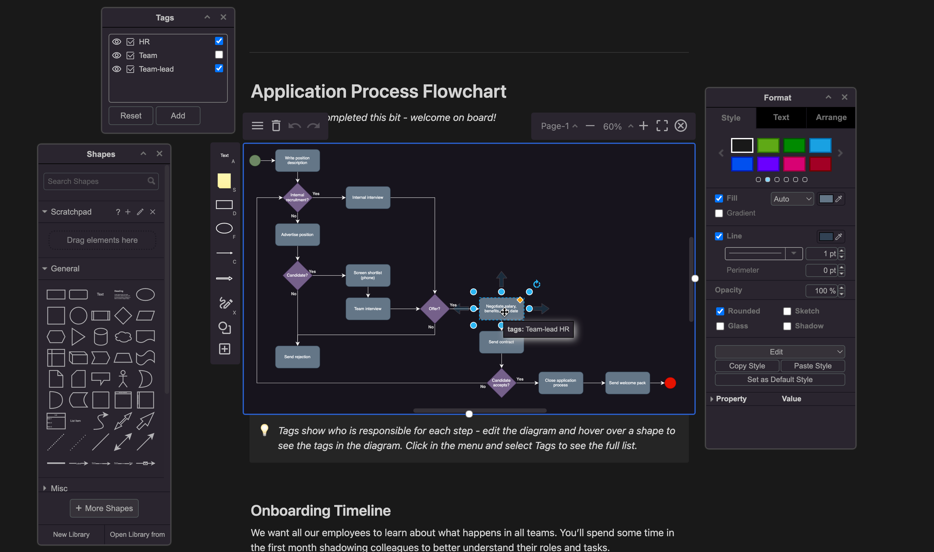 draw.io for Notion uses a simple whiteboard layout with floating panels to maximise the drawing canvas