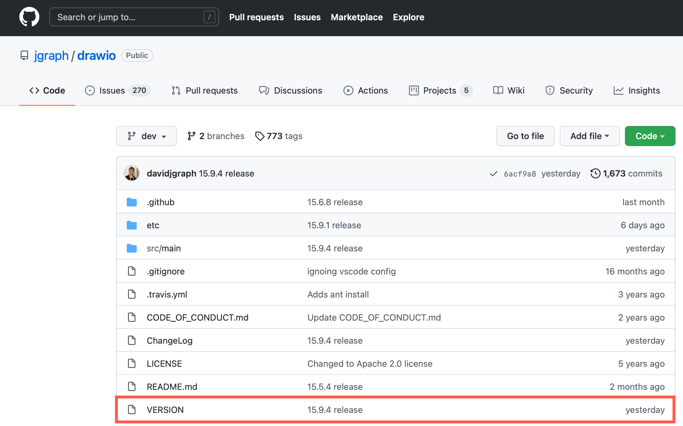 Check JGraph's drawio repository on GitHub to see what the current version is