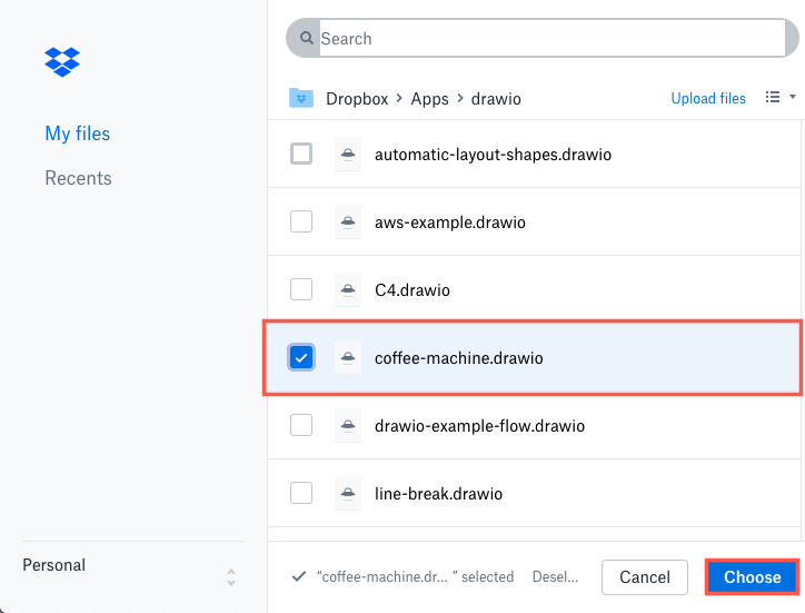 Open a diagram stored in Dropbox in the draw.io editor