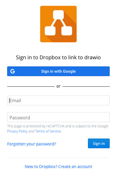 Sign into your Dropbox to authorise draw.io to use it as a storage location