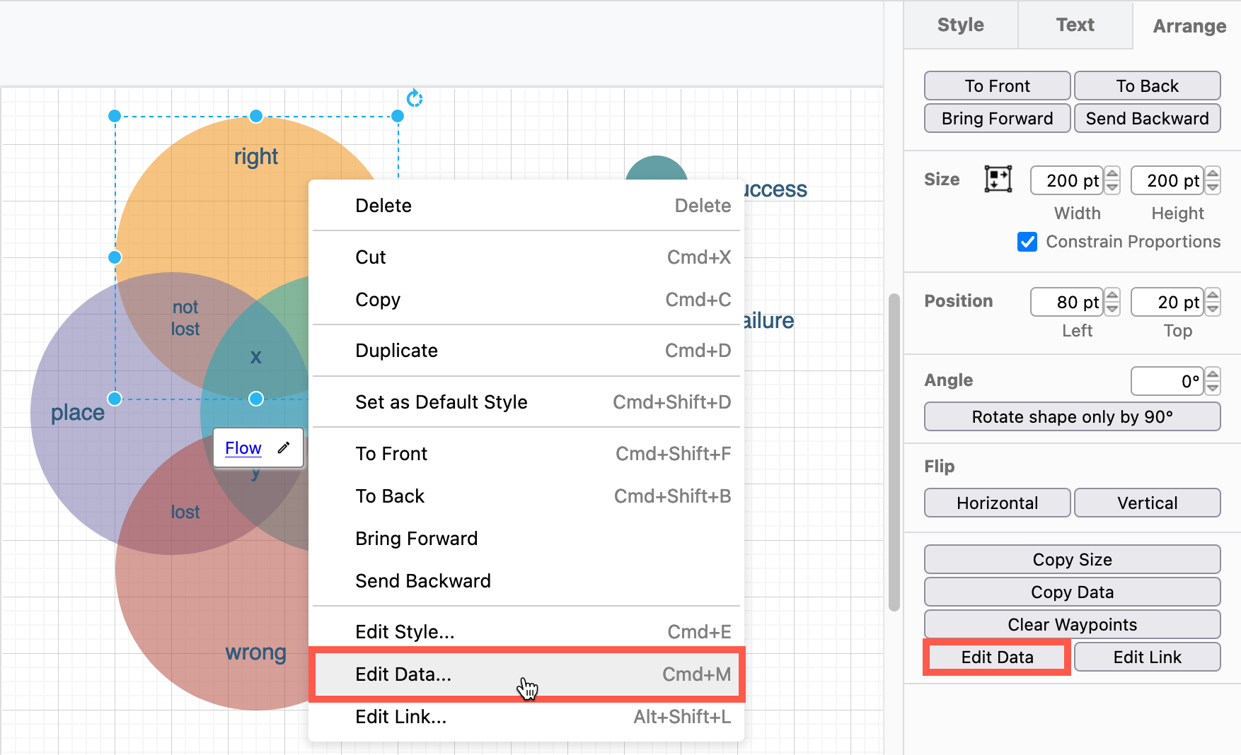 Right-click on a shape and select Edit data from the context menu, or click Edit Data in the Arrange tab in the format panel